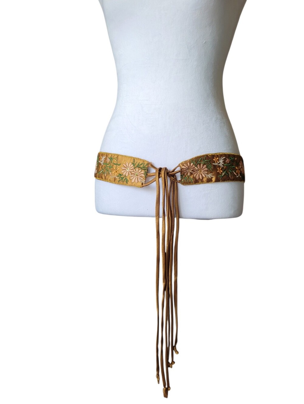 Floral Embroidered Satin Tie Belt Gold Medieval Ren Fair